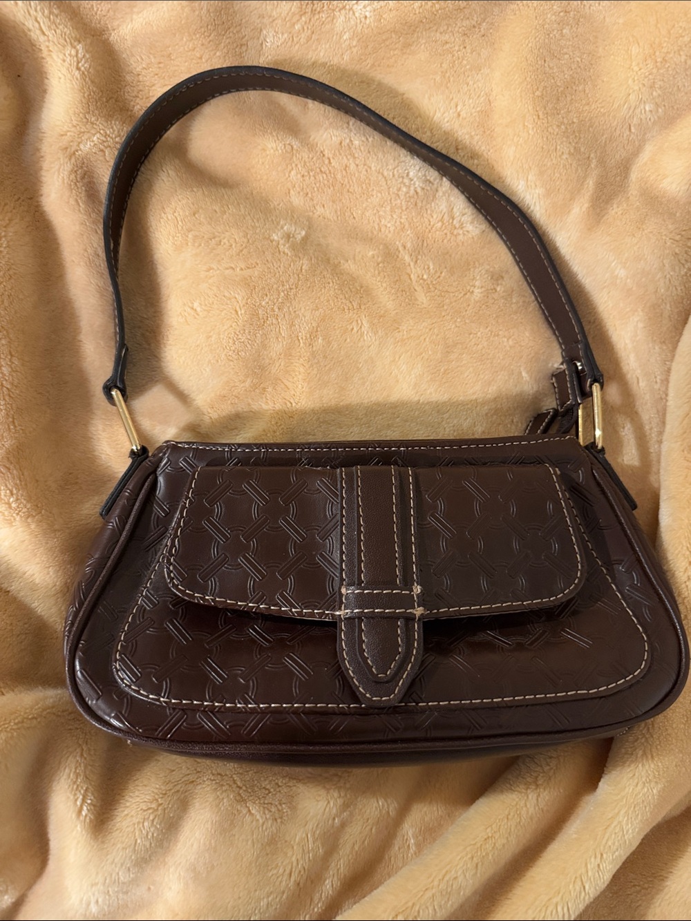 Village by Liz Claiborne Dark Brown Embossed Shoulder Bag w/ Gold-Tone Hardware